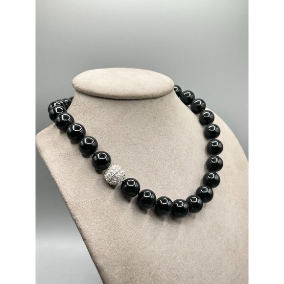 Vintage Black Beaded Glass Necklace Rhinestones Clasp Hand Knotted Fancy Jewelry - Picture 6 of 10